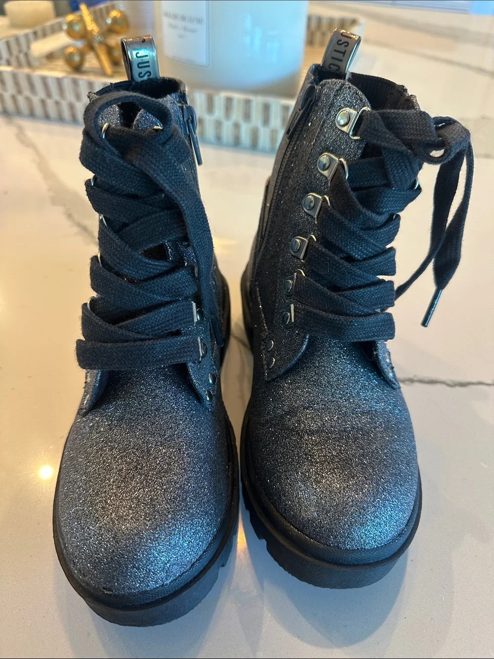 Justice Glitter Lace-Up Combat Boots - Silver